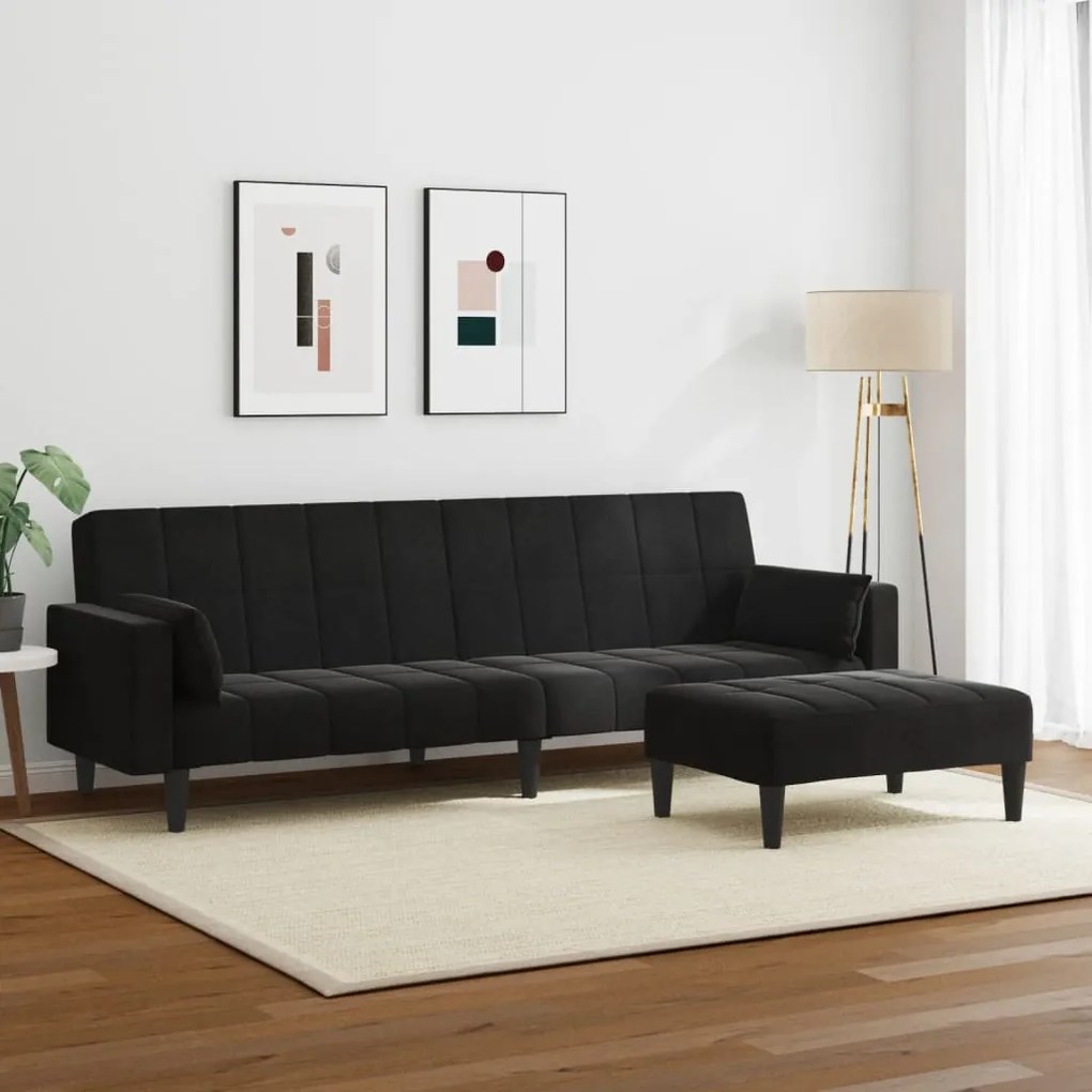 Sofá-cama 2 lugares c/ apoio de pés veludo preto