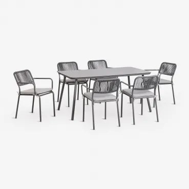 Conjunto De Mesa Retangular 160x90 Cm E 6 Cadeiras De Jantar Empilháveis Em Corda Trançada Arhiza Cinza Grafito - Sklum
