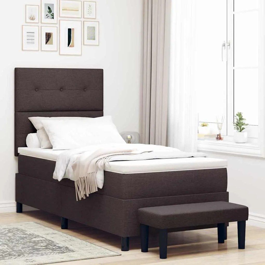 vidaXL Cama Box com Colchão e Banco Castanho Escuro 90x190 cm Tecido