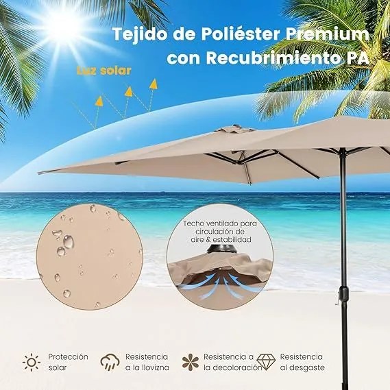 Guarda-sol Duplo 426x265cm Grande com Manivela Proteção Solar UV e Teto Ventilado Guarda-sol para Jardim Praia Café