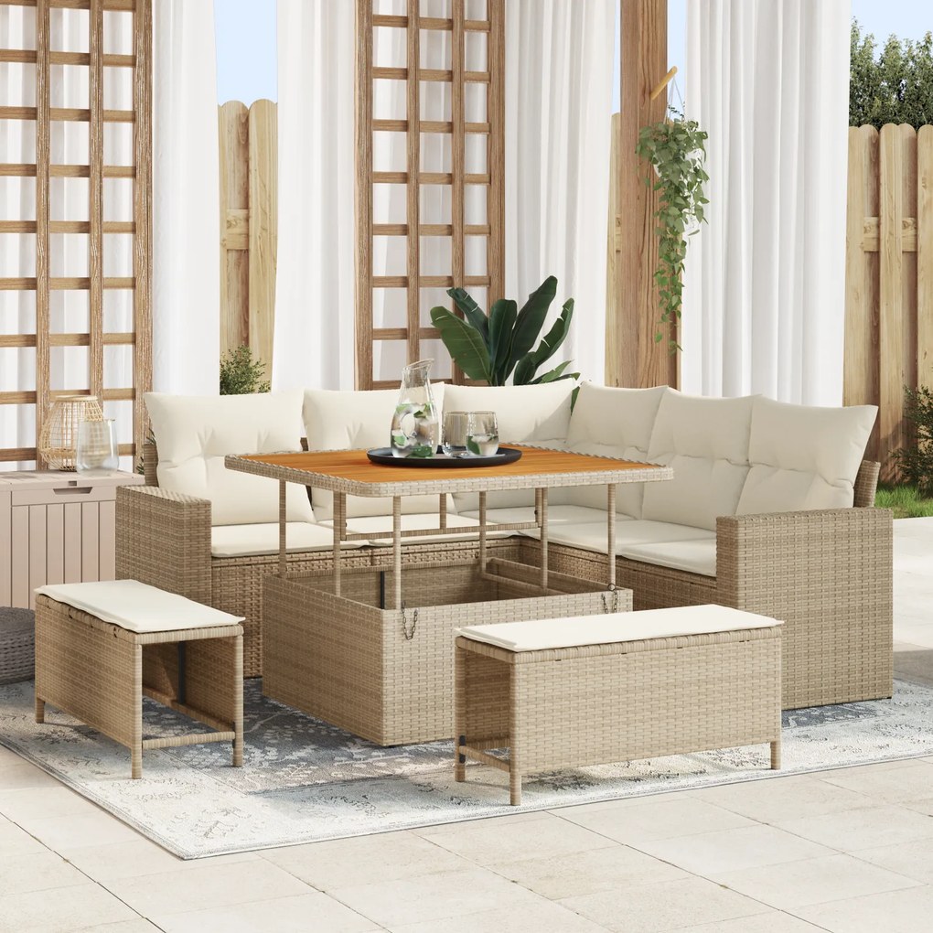 Conjunto de Sofá de Jardim de 8 Peças com Almofadas Bege em Rattan Polimérico de Acácia