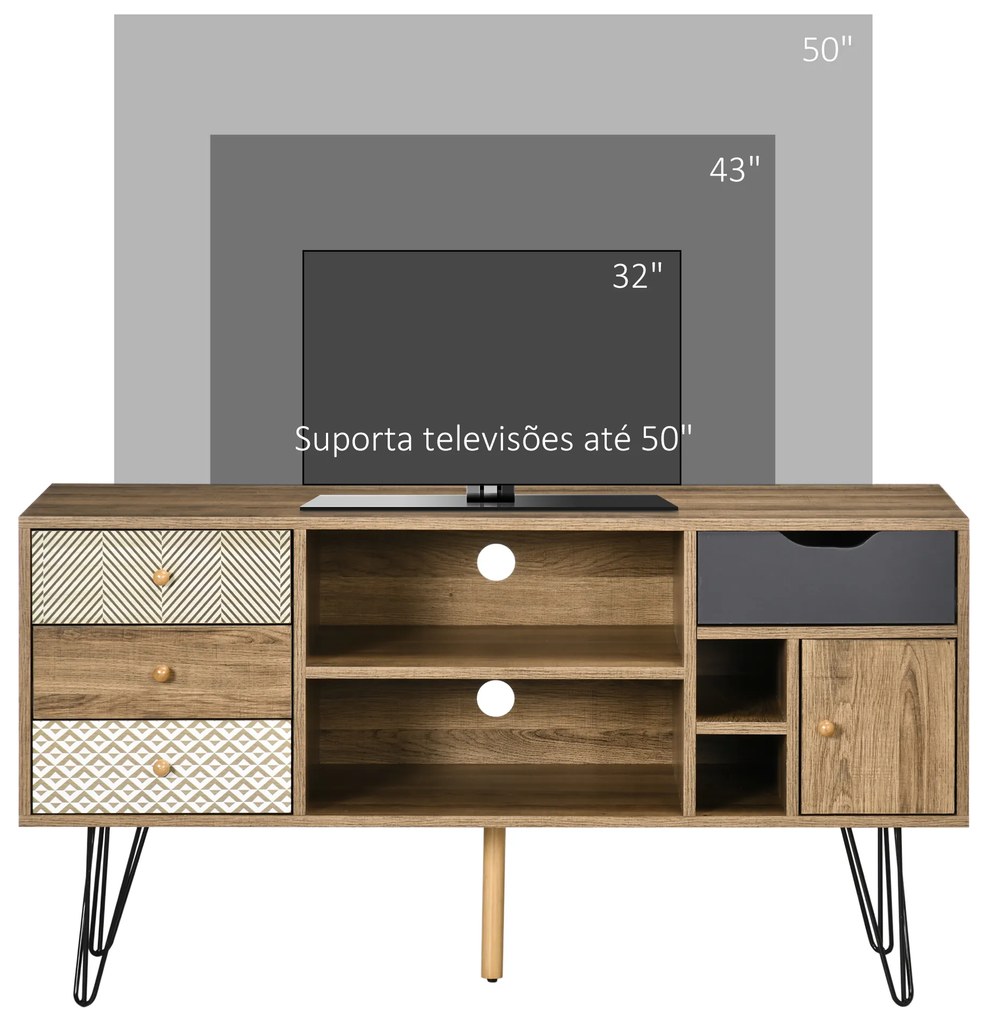 HOMCOM Móvel de TV com Prateleira de Armazenamento 4 Gavetas e Pés de Metal Móvel de TV para Televisores de até 50 Polegadas para Escritório 120x39x64cm Marrom