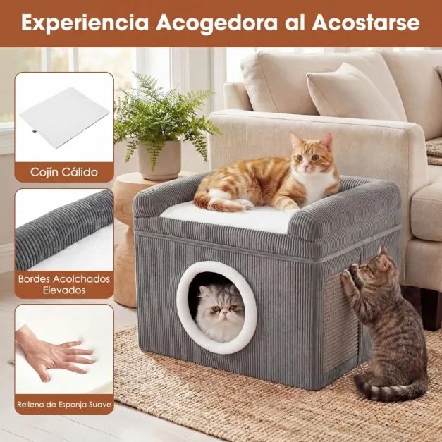 Cama para gatos de interior 49 x 41 x 39 cm - Grande caverna para gatos com condomínio, tapete de sisal para arranhar e almofada - cinzenta