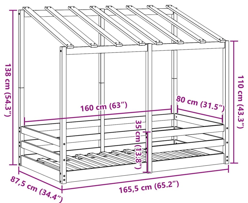 Cama infantil com telhado 80x160 cm madeira de pinho maciça