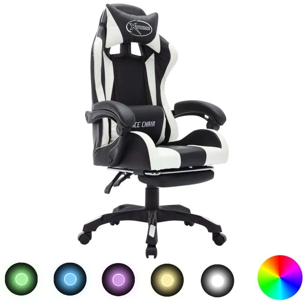Cadeira estilo corrida luzes LED RGB couro artif. branco/preto