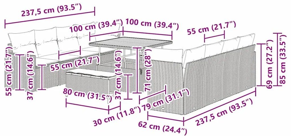 Conjunto de Sofá de Jardim de 11 Peças com Almofadas Cinza em Rattan S