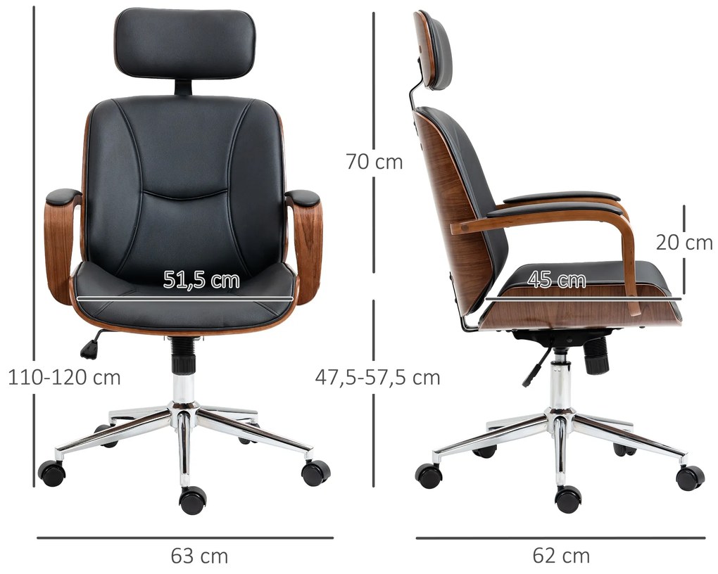 Cadeira de Escritório Cadeira de Escritório Giratória de Couro PU com Apoio para a Cabeça Amovível Altura Ajustável e Função de Inclinação 63x62x110-1