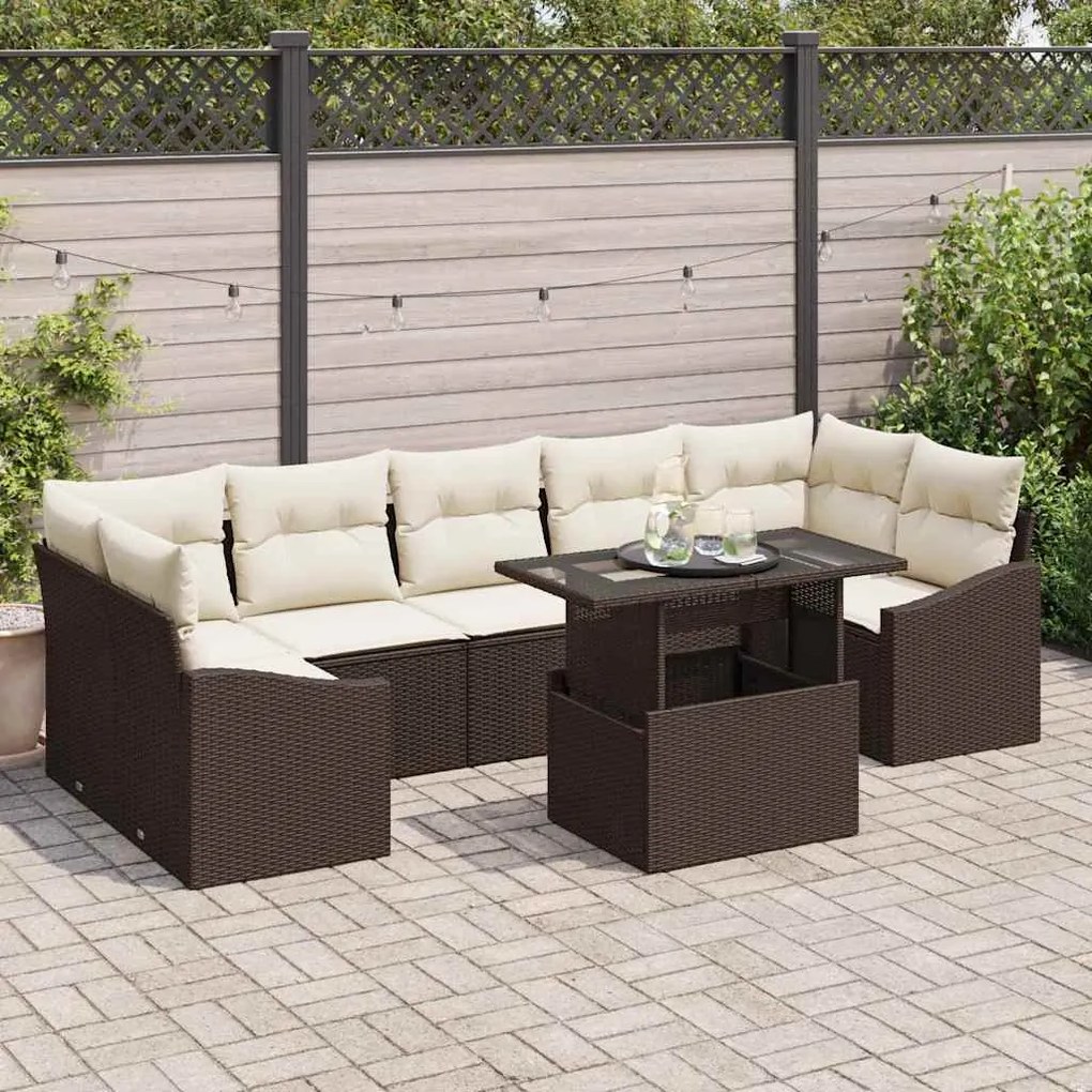 Conjunto de Sofá de Jardim de 8 Peças com Almofadas Marrons em Rattan