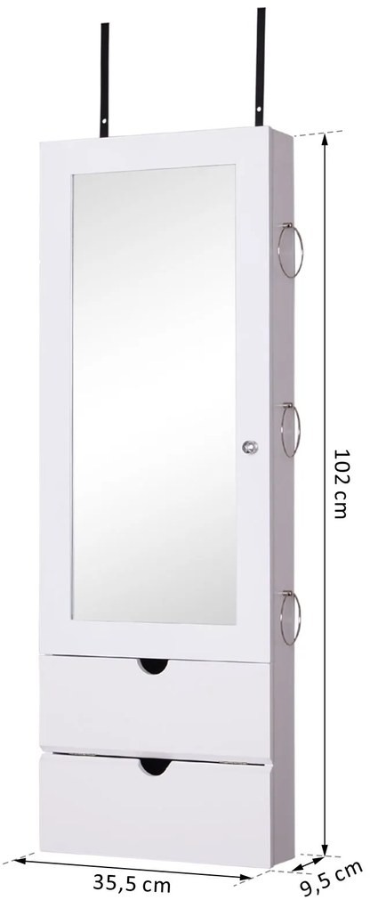 HOMCOM Espelho com Móvel de Bijuterias de Parede ou Porta Armário Porta Jóias com Altura Ajustável 2 Prateleiras Fechadas com Portas e Organizador de Jóias 35,5x9,5x102cm Branco