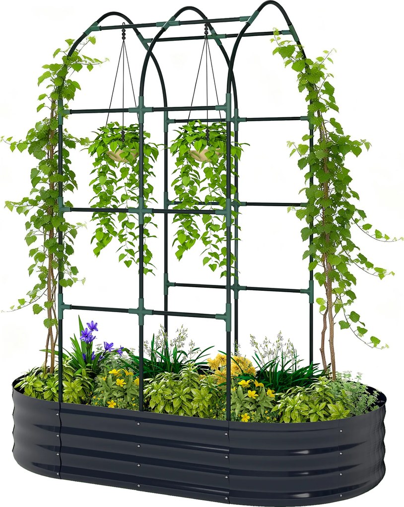 Floreira com treliça arqueada, floreira de metal com fundo aberto, luvas incluídas, 160 x 90 x 180 cm, cinzento escuro