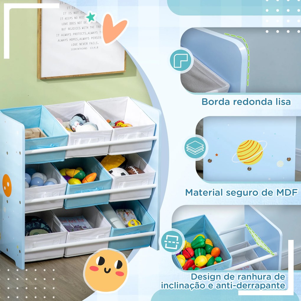 Estante para Brinquedos com 9 Caixas de Tecido não Tecido Amovíveis Organizador de Brinquedos 63x30x60 cm Azul