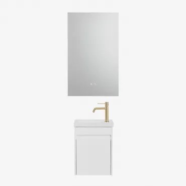 Conjunto De Móvel De Casa De Banho Suspenso Em Madeira Com Lavatório Integrado Narek Branco & Dourado Escovado ↑20 Cm Com Válvula De Drenagem Sem Extr