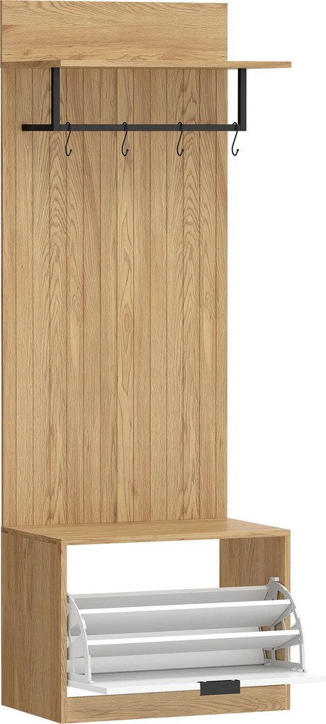 HOMCOM Móvel de Entrada com Banco, Sapateira e Cabideiro com 4 Ganchos, 60x30x170 cm, Carvalho e Branco | Aosom Portugal