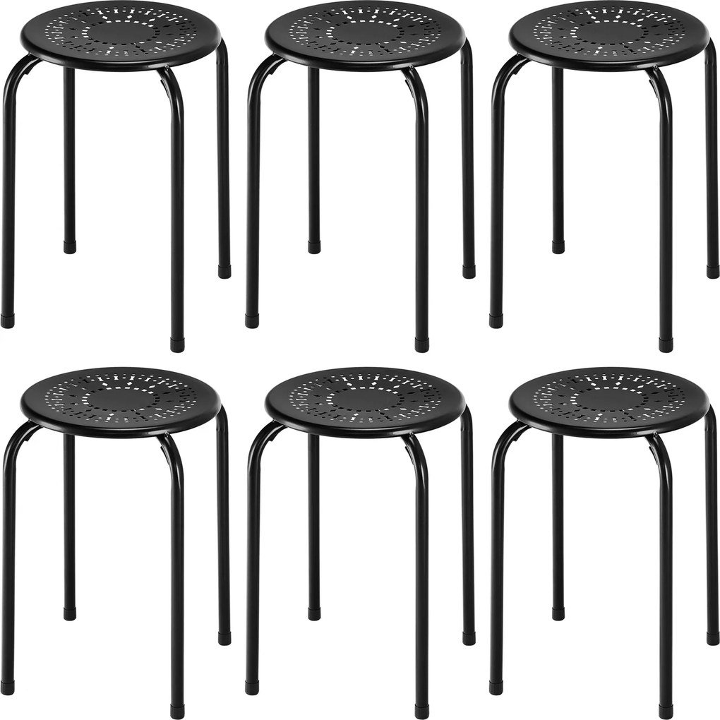 Conjunto de 6 Bancos Empilháveis, 30 x 30 x 44,5 cm, Estrutura Metálica Resistente, Preto