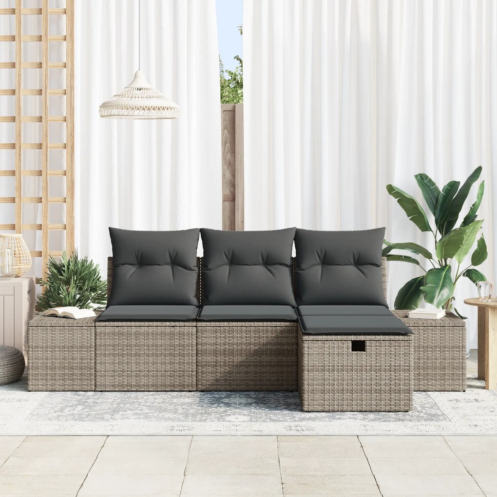 Conjunto de Sofá de Jardim de 4 Peças com Almofadas Cinza de Rattan Si