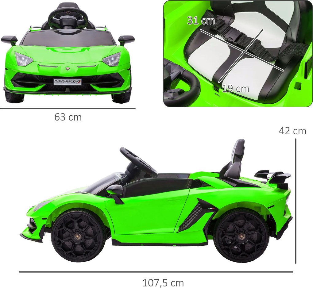 Carro elétrico para crianças com licença Lamborghini Aventador SVJ, 12 V, com portas em forma de borboleta, comando à distância, 3-5 km/h, verde