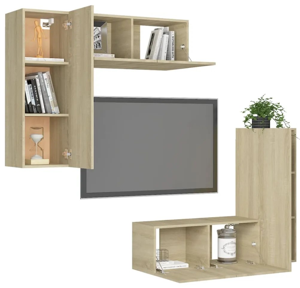 4pcs conjunto de móveis de TV derivados madeira carvalho sonoma