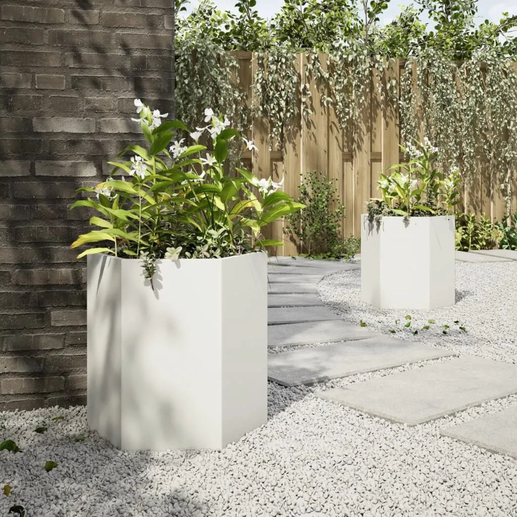 Vasos floreiras de jardim 2 pcs hexagonal 46x40x45cm aço branco