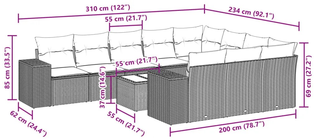 11 pcs conjunto sofás de jardim c/ almofadões vime PE cinzento