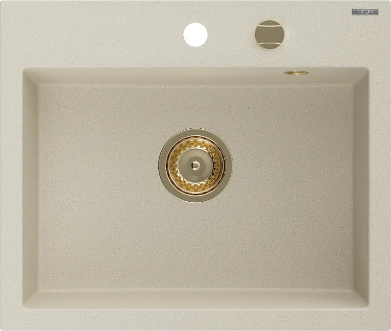 Mexen Oscar lava-louça de granito de 1 bacia 580 x 490 mm, bege, sifão dourado - 6519581000-69-G