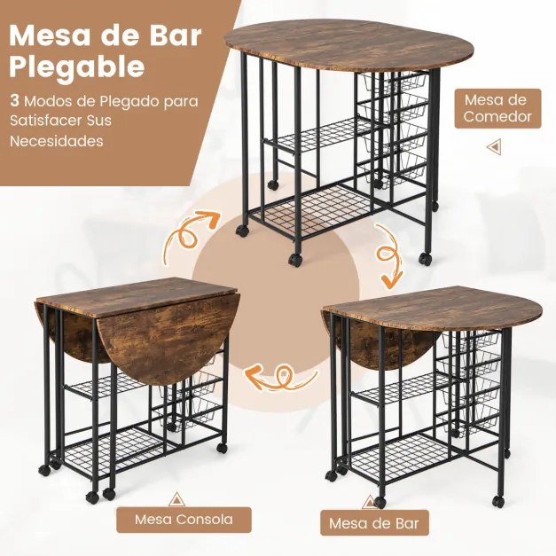 Conjunto de mesa e cadeiras dobráveis de 3 peças, mesa dobrável versátil com 2 prateleiras, 2 bancos para cozinha, sala de jantar, bar, Castanho Esc