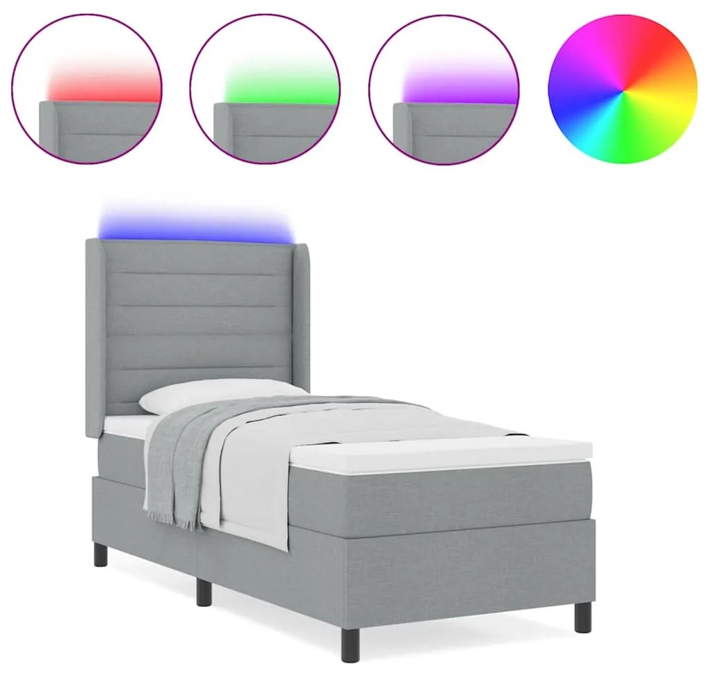 Cama Box com Colchão e Luz LED Cinza Claro 90x200 cm