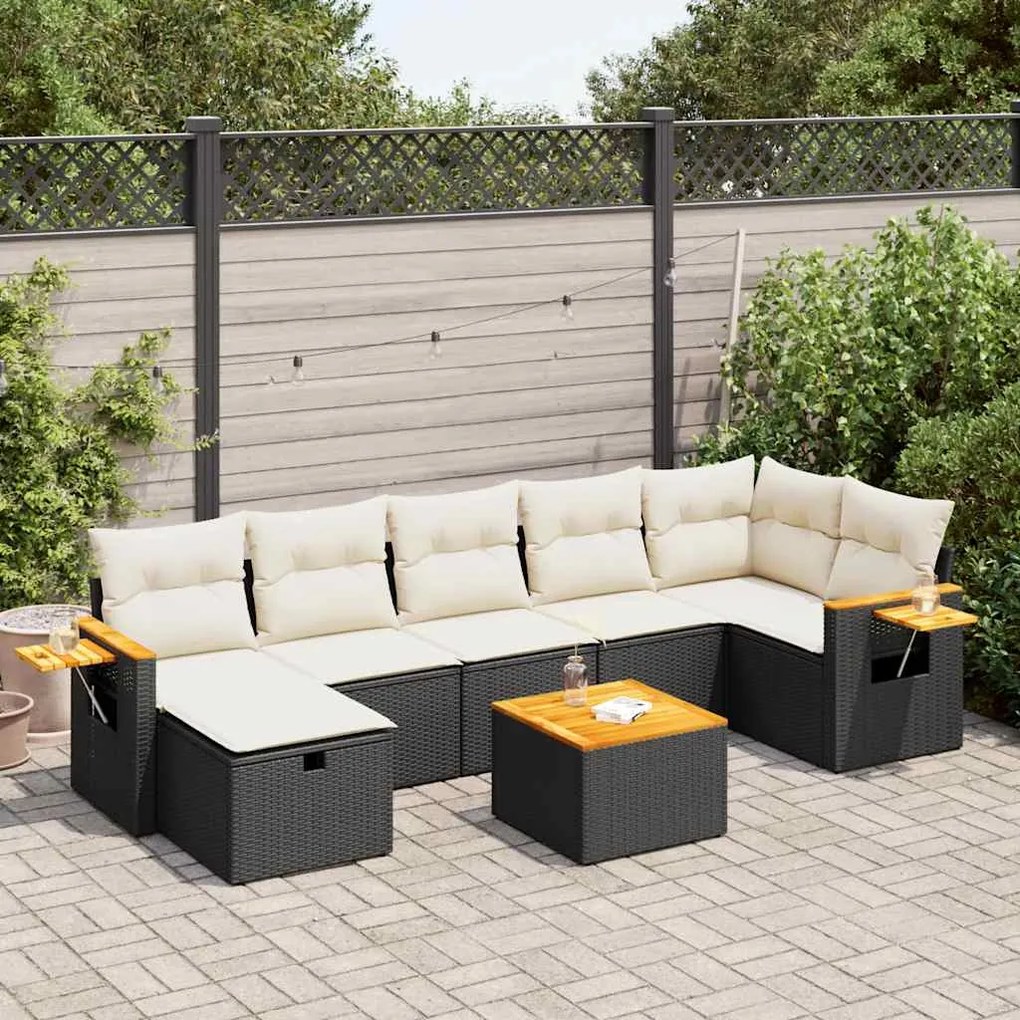 8 pcs conjunto sofás de jardim com almofadões vime PE preto