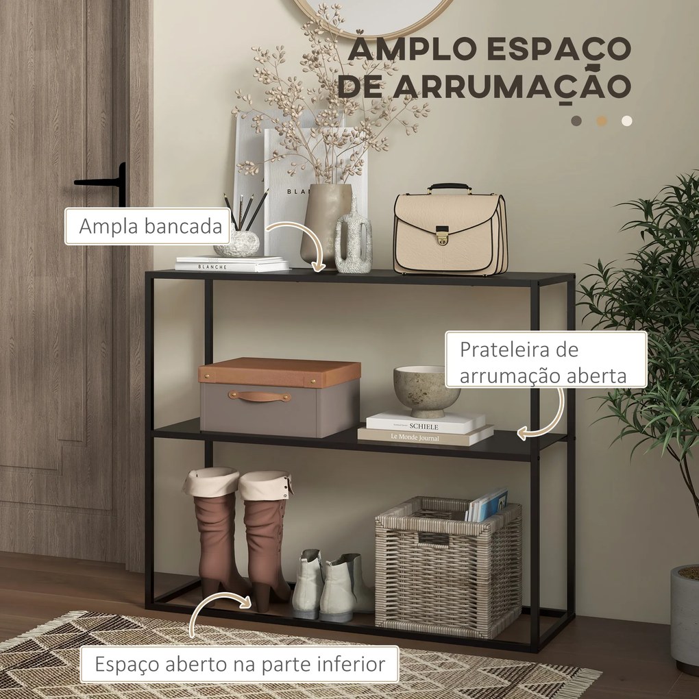 Mesa Consola Estilo Industrial Mesa de Entrada com Prateleira Estrutura de Aço e Desenho Anti-Tombo 90x30x75 cm Preto