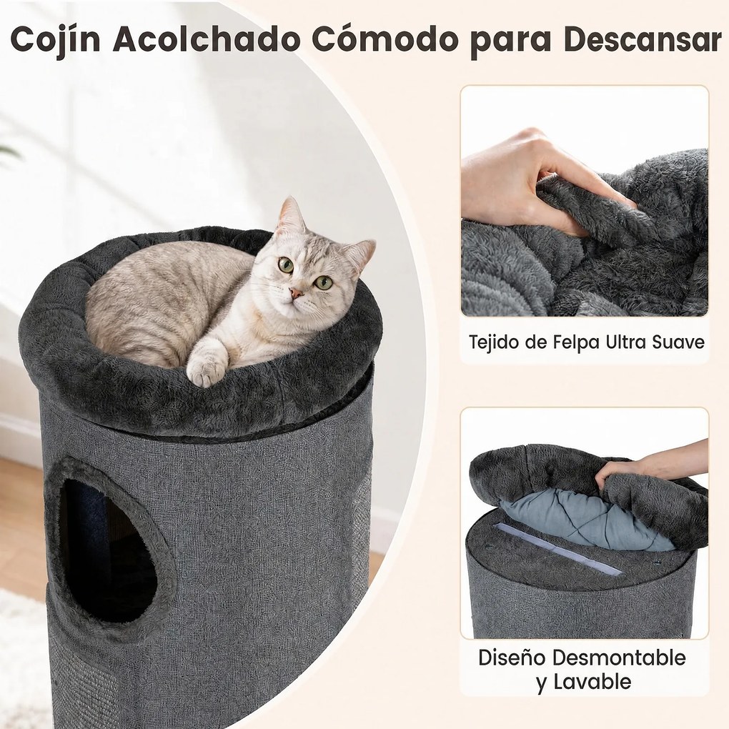Arranhador para Gatos, 43 x 43 x 113 cm, 3 Grutas de Refúgio, Cinzento escuro