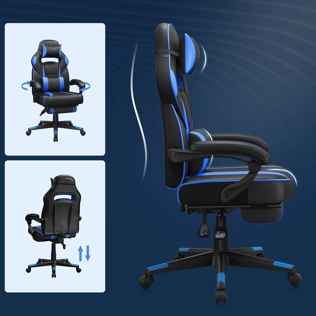 Cadeira Gaming com encosto reclinável e almofada para o apoio de cabeça Preto + azul