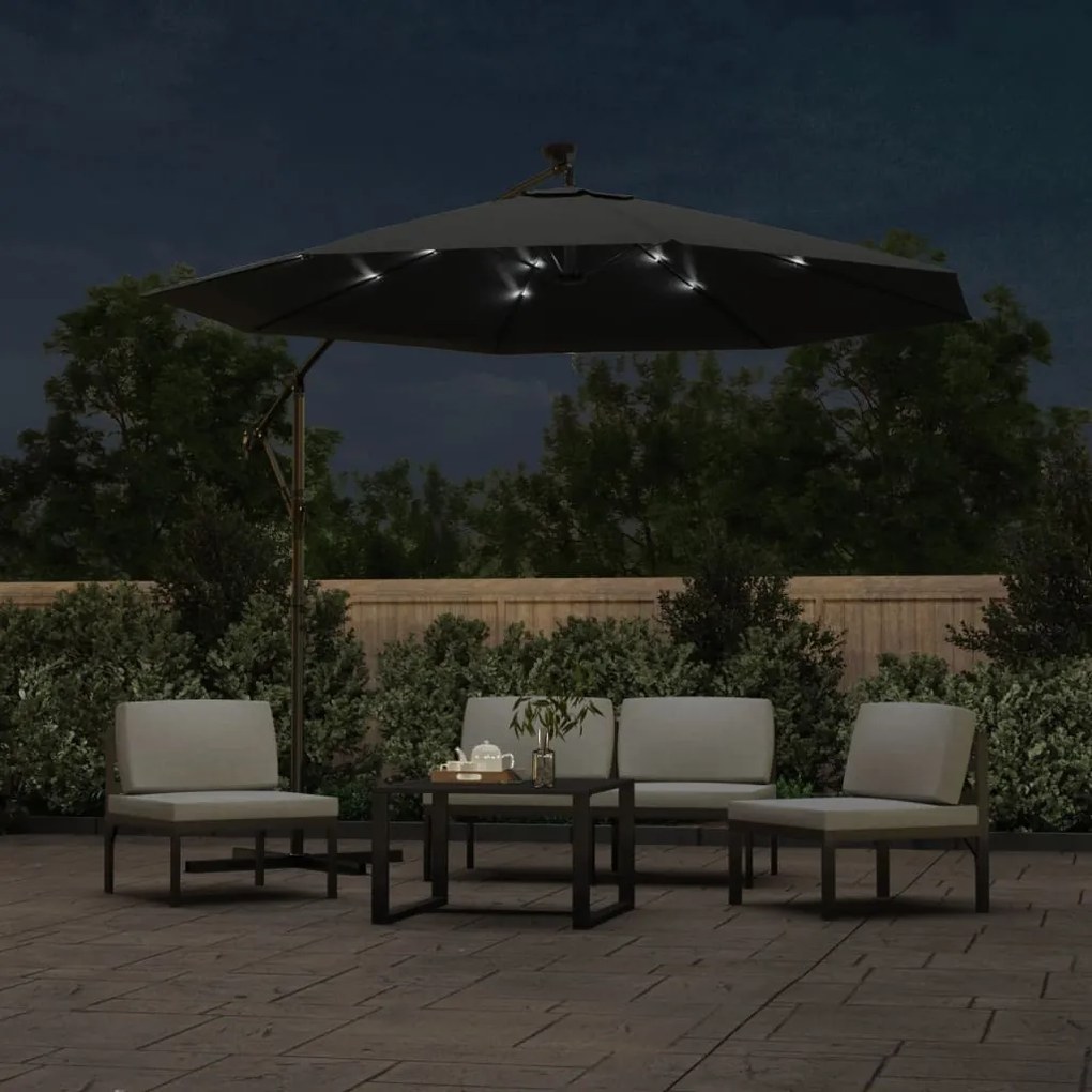 Guarda-sol cantilever c/ luzes LED e poste aço 300 cm antracite