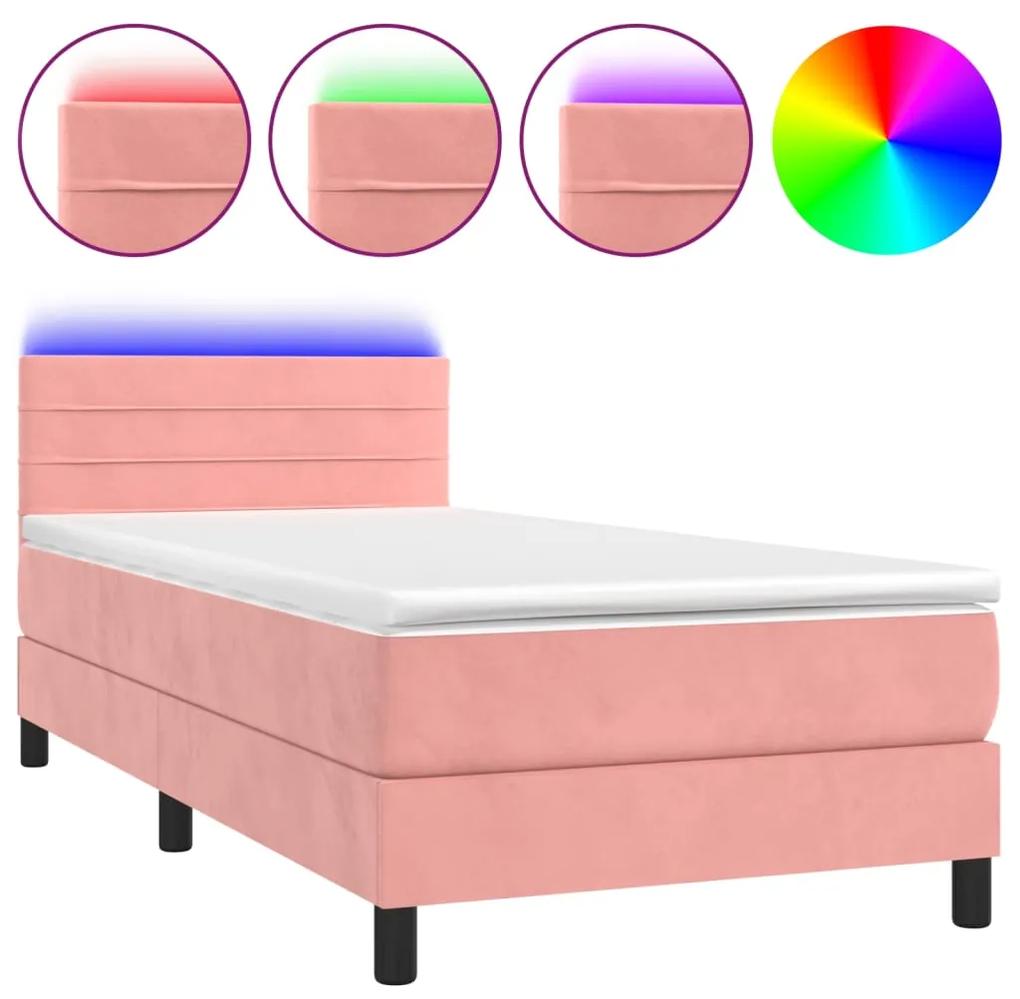 Cama box spring c/ colchão/LED 90x190 cm veludo rosa
