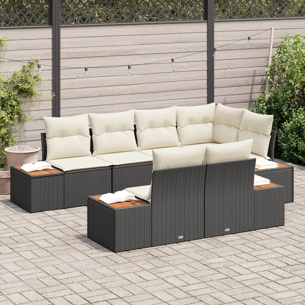 Conjunto de Sofás de Jardim vidaXL 7 Peças com Almofadas Preto Rattan