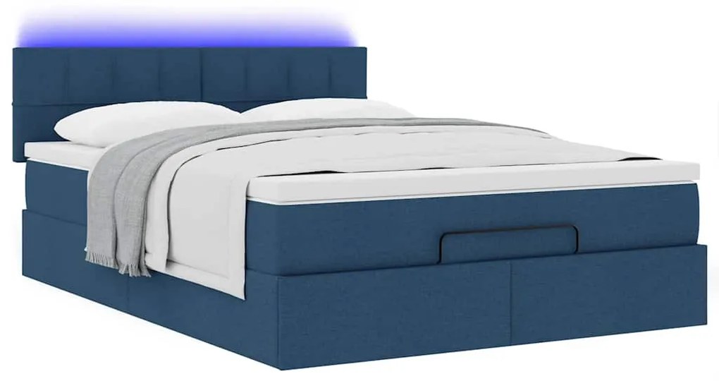 Estrutura de cama otomana com colchão tecido azul 140x200cm