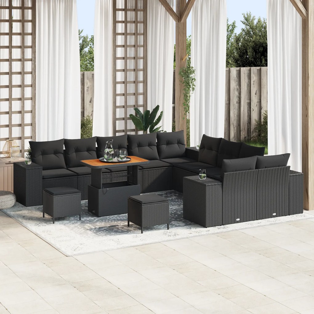 Conjunto de Sofá de Jardim de 13 Peças com Almofadas Preto Rattan de P