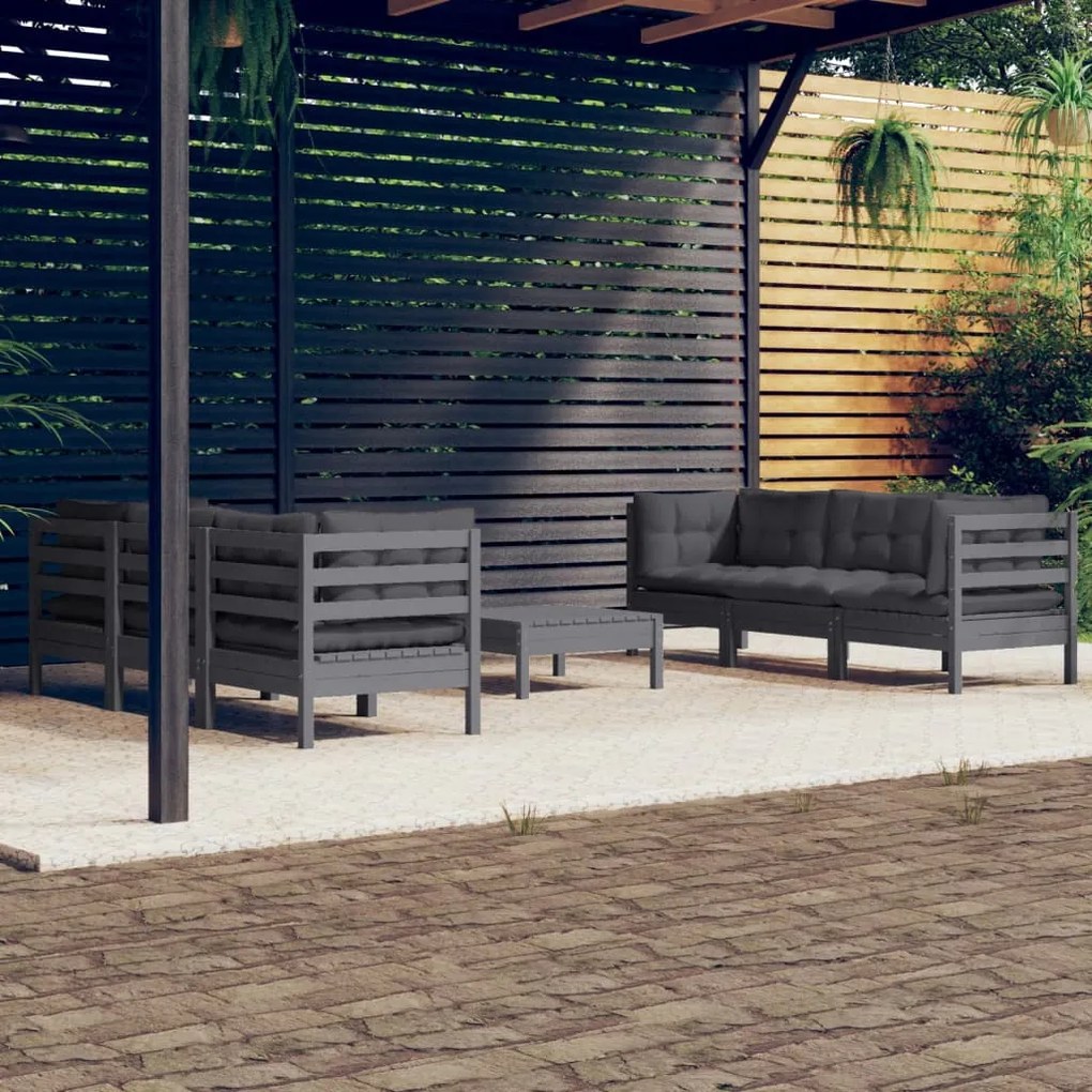 vidaXL 7 pcs conj. lounge de jardim com almofadões antracite pinho