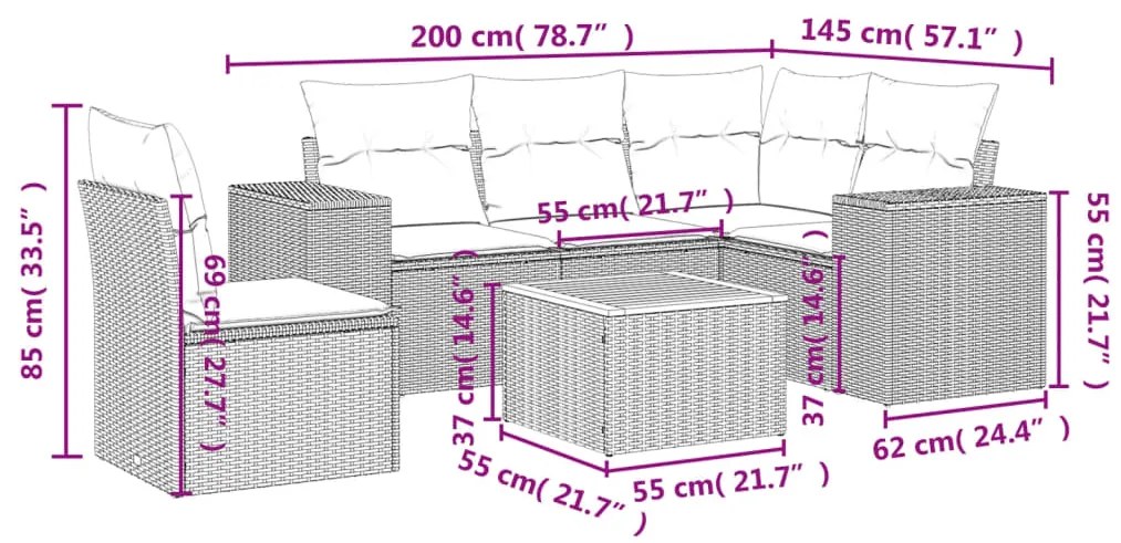 6 pcs conjunto sofás de jardim com almofadões vime cinzento