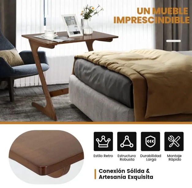 Mesa Auxiliar de Bambu para Sofá 75 cm x 40 cm x 70 cm com Ampla Superfície Secretária para Portátil que Economiza Espaço Montagem Rápida de Aperitivo