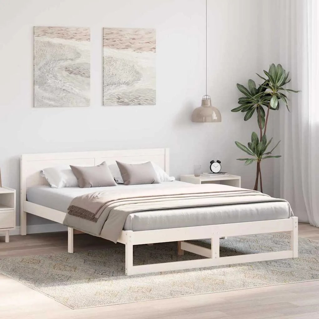 Estrutura de Cama Branca Madeira de Pinho Maciça 160 x 200 cm