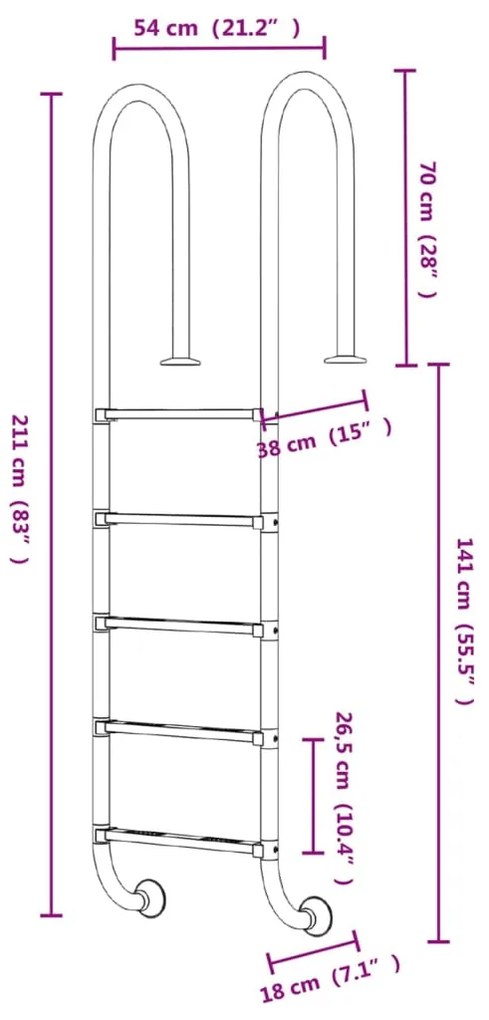 Escada de piscina 54x38x211 cm aço inoxidável 304