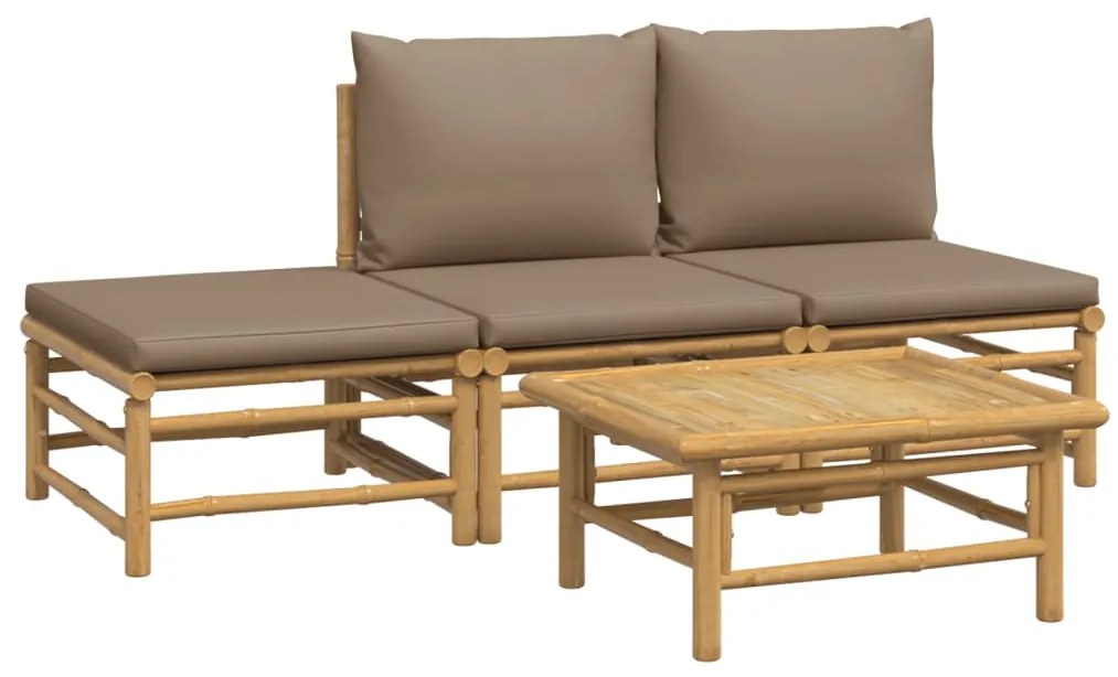 4 pcs conj. lounge jardim bambu c/ almofadões cinza-acastanhado