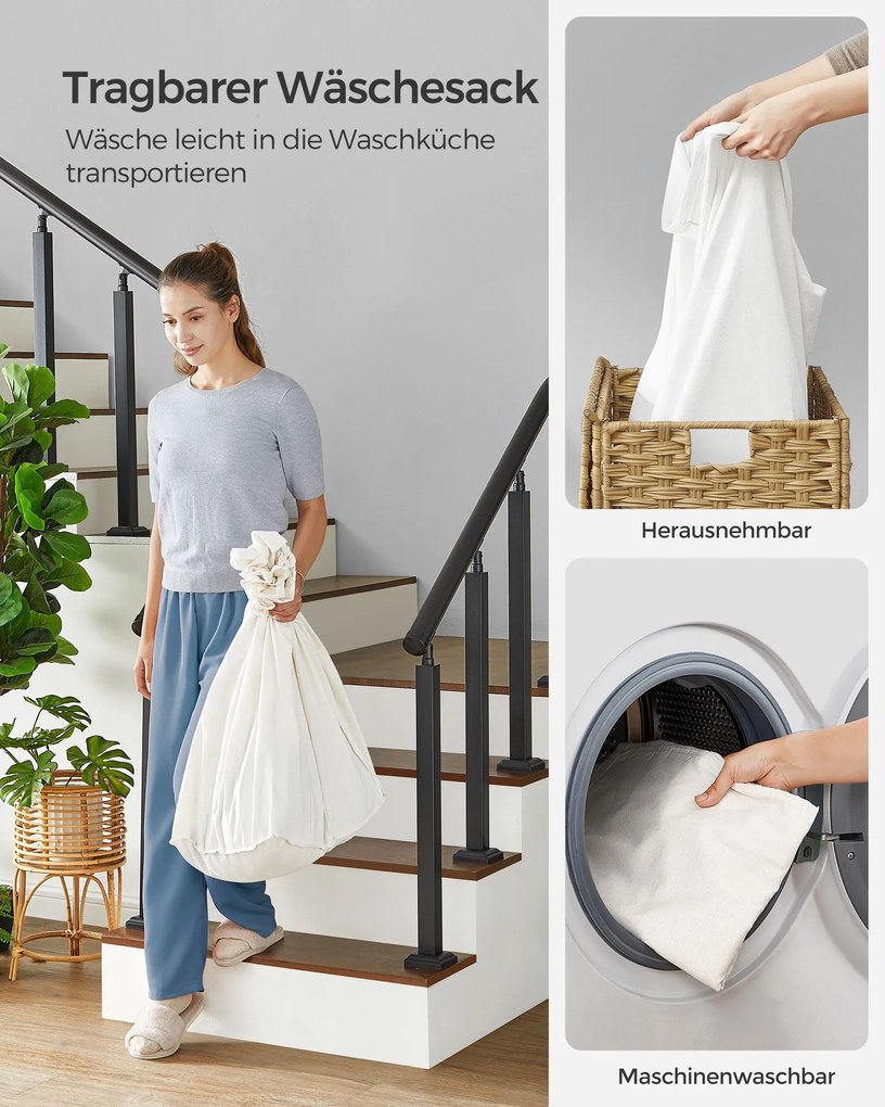 Cesto para roupa suja dobrável com 3 compartimentos e bolso lateral 70 x 36 x 66 cm Cor natural