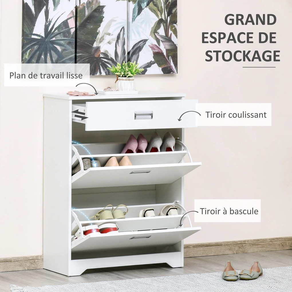 Sapateira com 2 gavetas rebatíveis, prateleira ajustável + 1 gaveta com capacidade para até 16 pares, 70 L x 29 L x 92 A, Branco