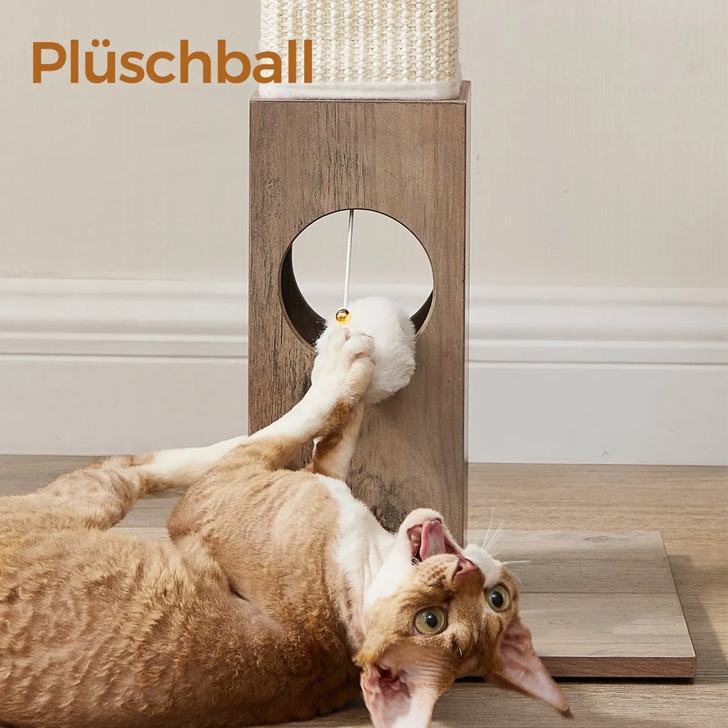 Arranhador para gatos em corda de sisal natural com bola de pelúcia 38 x 38 x 73 cm greige