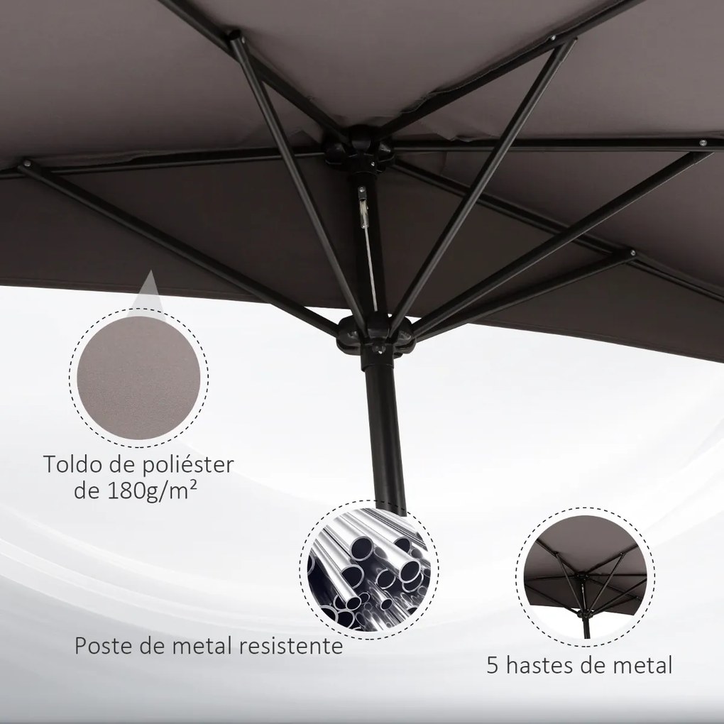 Chapéu de Sol de Jardim com Manivela e Forma Semicircular para Exterior Terraço Pátio Piscina 269x138x236cm Cinza Escuro