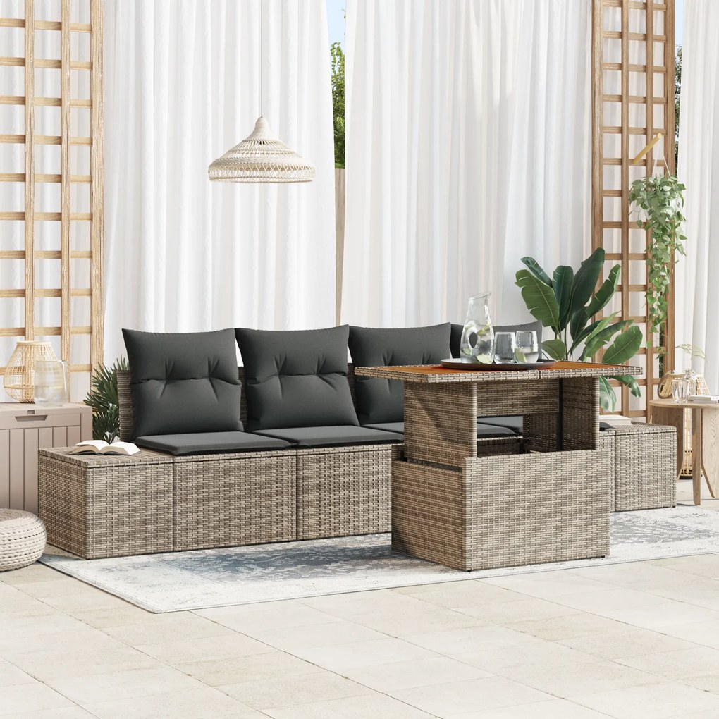 Conjunto de Sofá de Jardim de 5 Peças com Cushions Cinza Rattan Poly