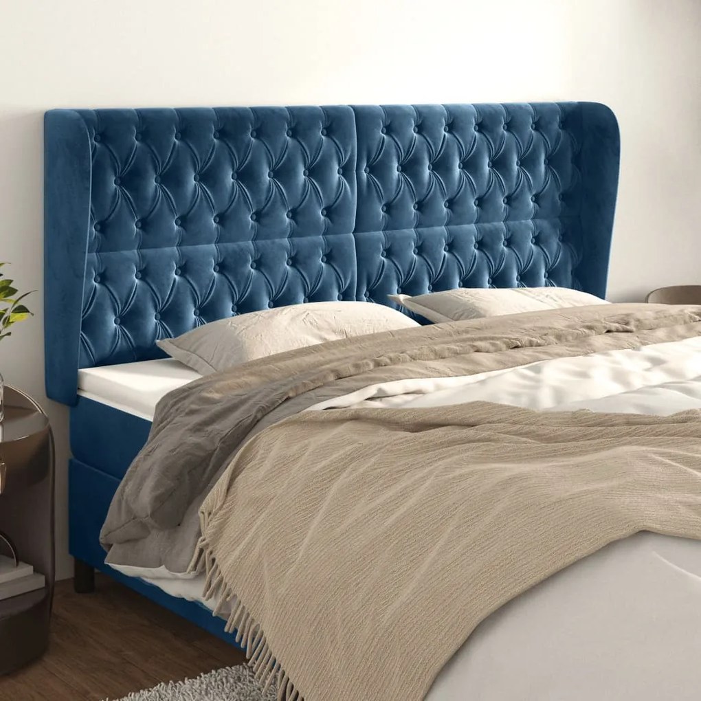 Cabeceira cama c/ abas veludo 183x23x118/128 cm azul-escuro