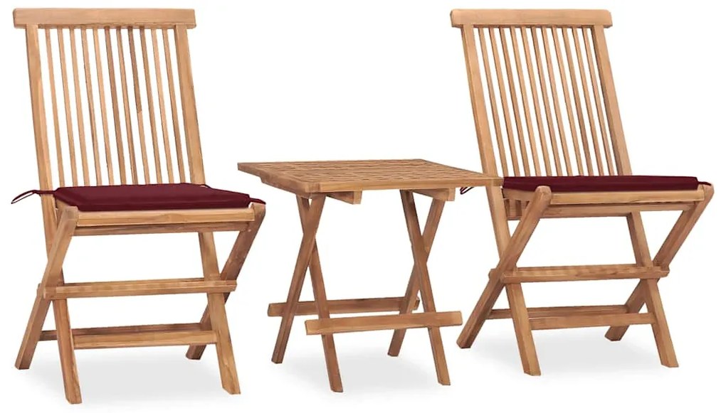 3 pcs conj. jantar dobrável exterior c/ almofadão teca maciça