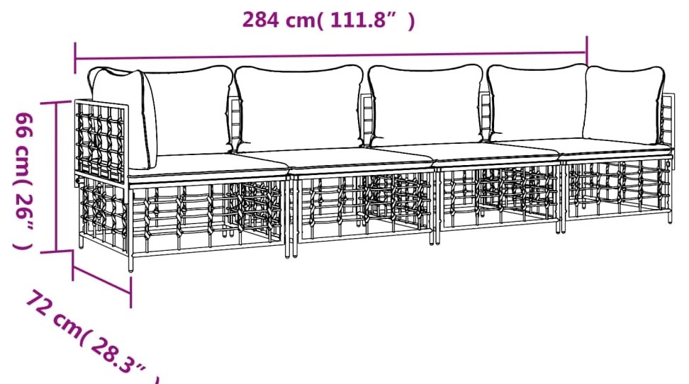 4 pcs conjunto lounge de jardim c/ almofadões vime PE antracite
