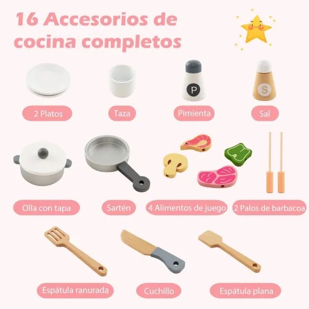 Cozinha de brincar de madeira para crianças com fogão, exaustor, frigorífico, utensílios de cozinha para 3+ anos
